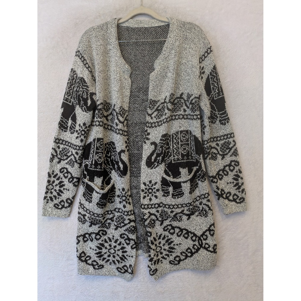 Unbranded Cardigan‎ Women's M/L Black White Elephant Print Open Front Long Knit